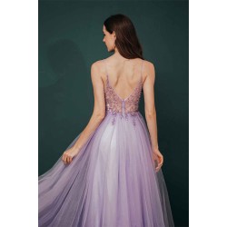 Sparkle Lilac Tulle High-split Spaghetti Strap Prom Dress