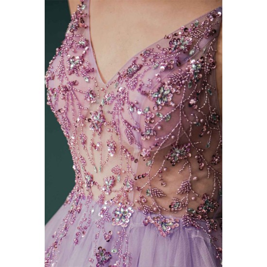 Sparkle Lilac Tulle High-split Spaghetti Strap Prom Dress