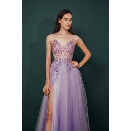 Sparkle Lilac Tulle High-split Spaghetti Strap Prom Dress