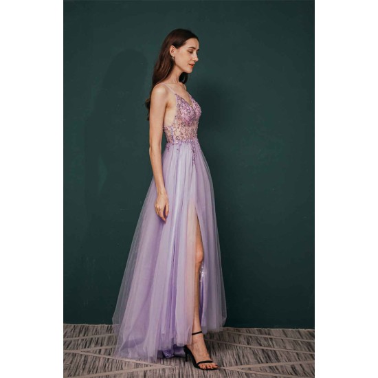 Sparkle Lilac Tulle High-split Spaghetti Strap Prom Dress