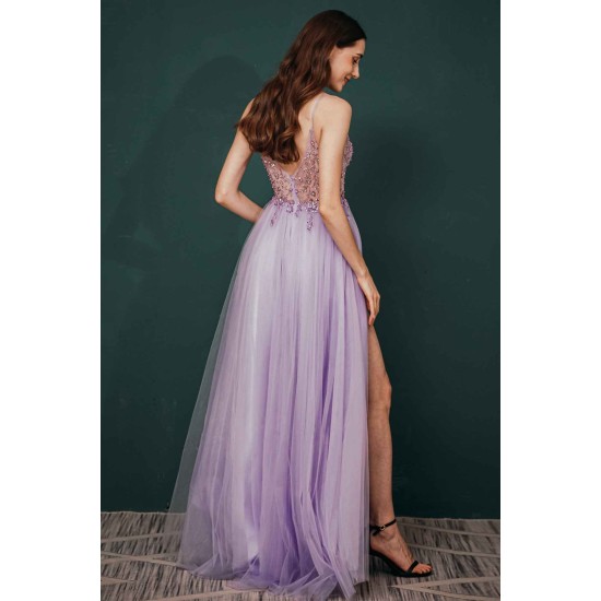 Sparkle Lilac Tulle High-split Spaghetti Strap Prom Dress