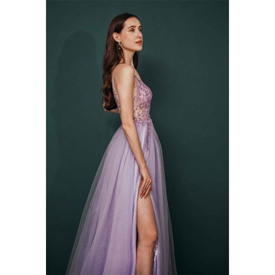 Sparkle Lilac Tulle High-split Spaghetti Strap Prom Dress