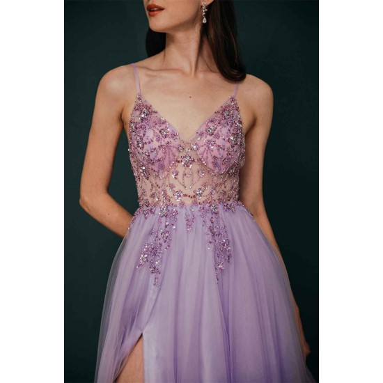 Sparkle Lilac Tulle High-split Spaghetti Strap Prom Dress