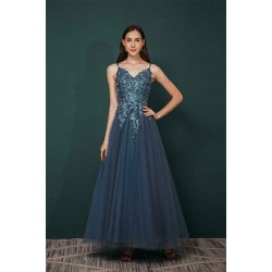 Unique Dusty Blue Tulle A-line Low back Spaghetti-strap Prom Dress