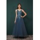 Unique Dusty Blue Tulle A-line Low back Spaghetti-strap Prom Dress