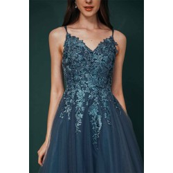 Unique Dusty Blue Tulle A-line Low back Spaghetti-strap Prom Dress