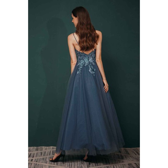 Unique Dusty Blue Tulle A-line Low back Spaghetti-strap Prom Dress
