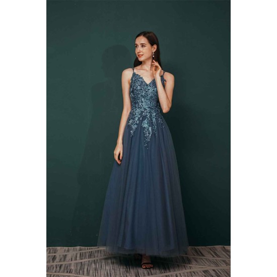 Unique Dusty Blue Tulle A-line Low back Spaghetti-strap Prom Dress