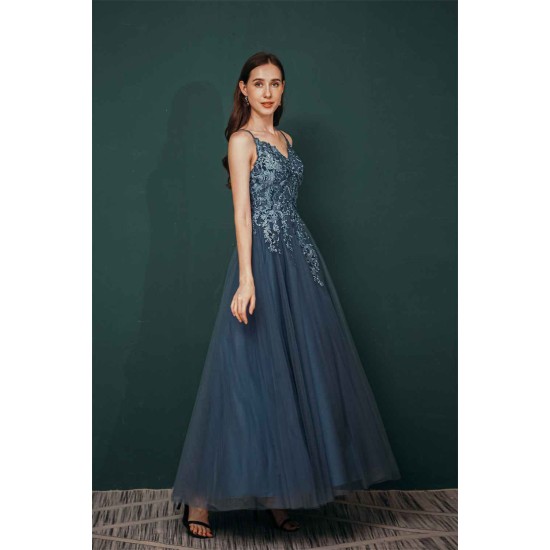 Unique Dusty Blue Tulle A-line Low back Spaghetti-strap Prom Dress