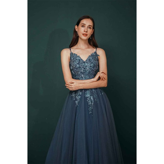 Unique Dusty Blue Tulle A-line Low back Spaghetti-strap Prom Dress