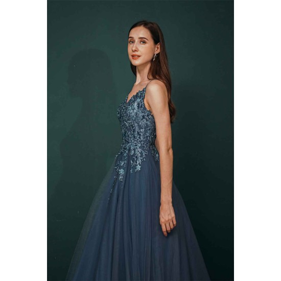 Unique Dusty Blue Tulle A-line Low back Spaghetti-strap Prom Dress