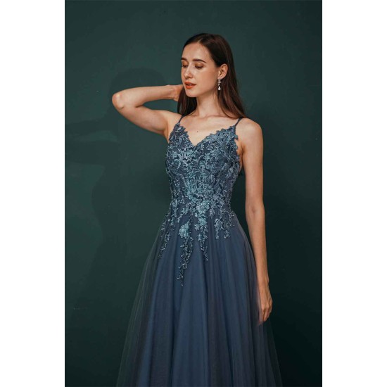 Unique Dusty Blue Tulle A-line Low back Spaghetti-strap Prom Dress