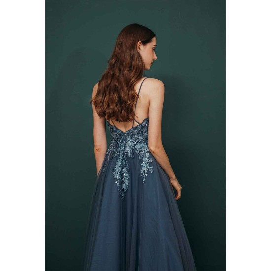 Unique Dusty Blue Tulle A-line Low back Spaghetti-strap Prom Dress