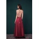 Burgundy Spaghetti Strap Lace Appliques High split Prom Dress