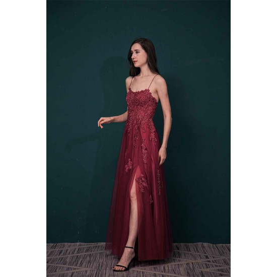 Burgundy Spaghetti Strap Lace Appliques High split Prom Dress