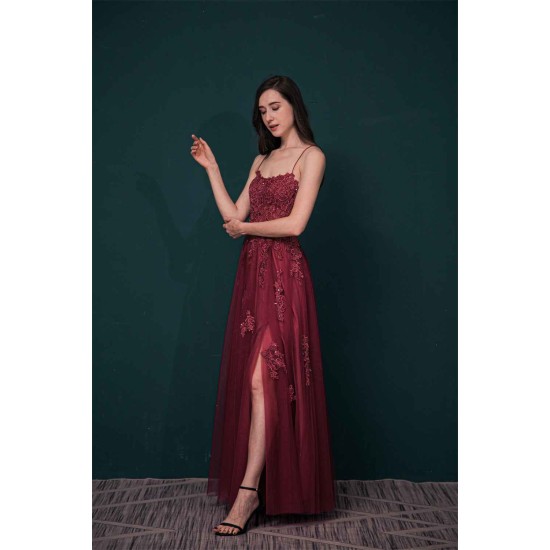 Burgundy Spaghetti Strap Lace Appliques High split Prom Dress