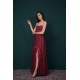 Burgundy Spaghetti Strap Lace Appliques High split Prom Dress