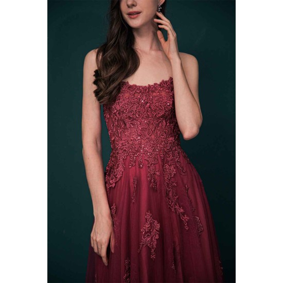 Burgundy Spaghetti Strap Lace Appliques High split Prom Dress