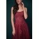 Burgundy Spaghetti Strap Lace Appliques High split Prom Dress