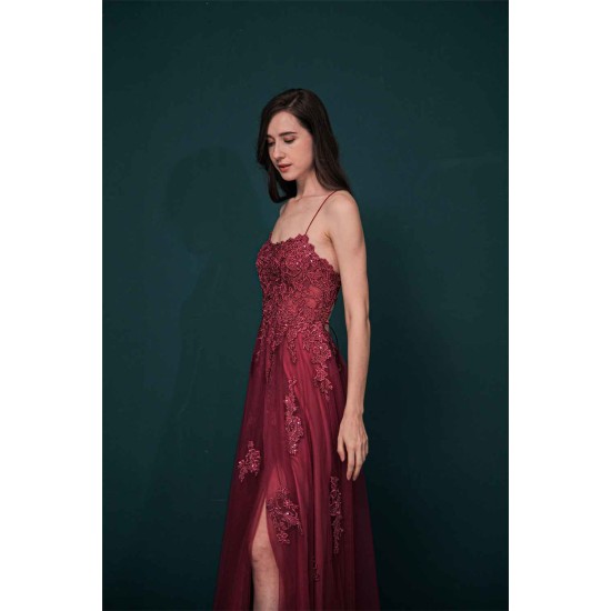 Burgundy Spaghetti Strap Lace Appliques High split Prom Dress