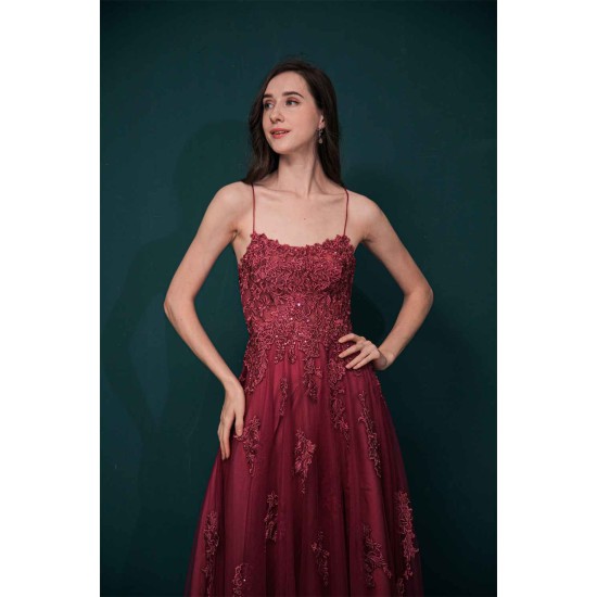 Burgundy Spaghetti Strap Lace Appliques High split Prom Dress