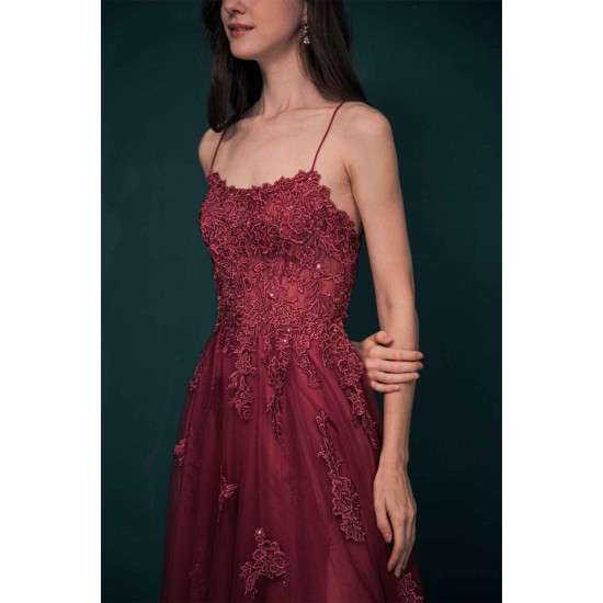 Burgundy Spaghetti Strap Lace Appliques High split Prom Dress
