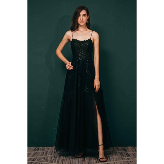Burgundy Spaghetti Strap Lace Appliques High split Prom Dress