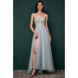 Light blue See-through Sparkle Appliques Prom Dress