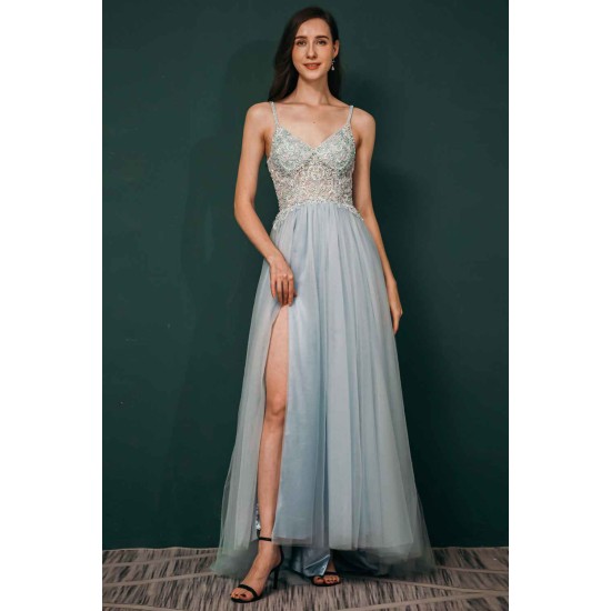 Light blue See-through Sparkle Appliques Prom Dress