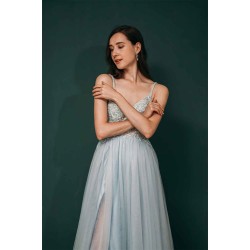 Light blue See-through Sparkle Appliques Prom Dress