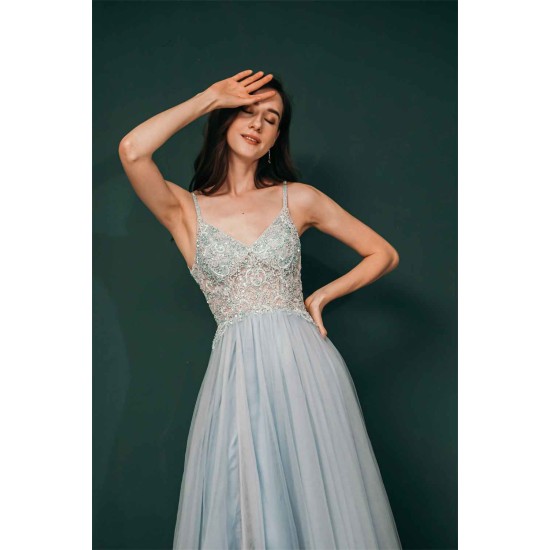 Light blue See-through Sparkle Appliques Prom Dress