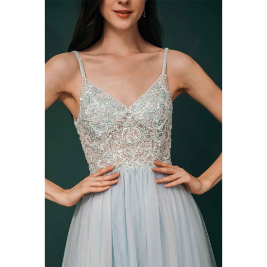Light blue See-through Sparkle Appliques Prom Dress