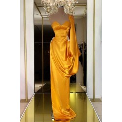 Designer Yellow Gold One Shoulder Long Evening Prom Dress With  Ruffles