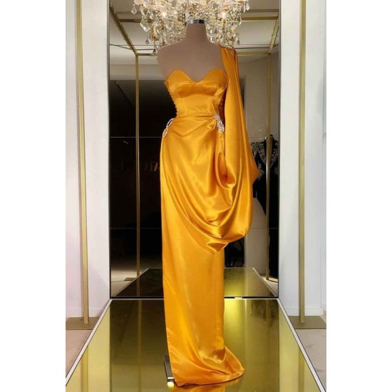 Designer Yellow Gold One Shoulder Long Evening Prom Dress With  Ruffles