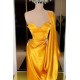 Designer Yellow Gold One Shoulder Long Evening Prom Dress With  Ruffles