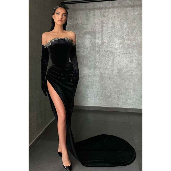 Black High-split Velvet Off-the-shoulder Mermaid Prom Dress