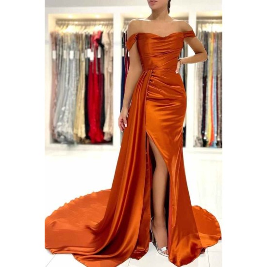 Burnt Orange Off-the-Shoulder Mermaid Prom Dress Long With Split