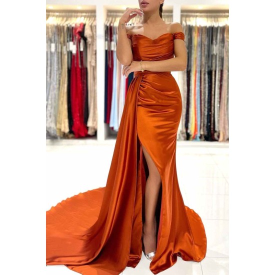 Burnt Orange Off-the-Shoulder Mermaid Prom Dress Long With Split