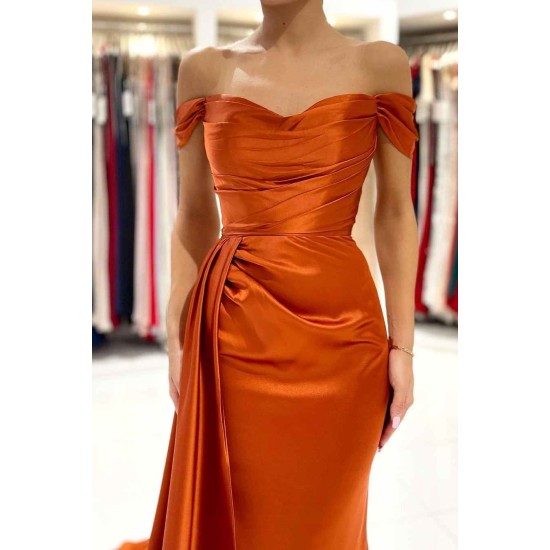 Burnt Orange Off-the-Shoulder Mermaid Prom Dress Long With Split