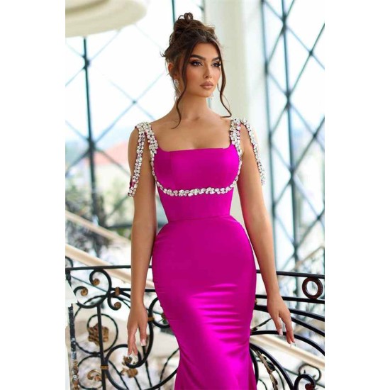 Stunning Sparkle Beaded Straps Fuchsia Column Satin Floor length Prom Dress