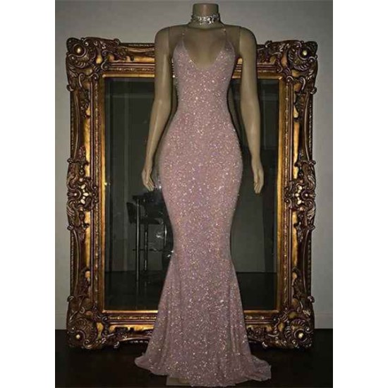 Gorgeous Sequined Mermaid Spaghetti-strap Long Sleevesless Prom Party Gowns