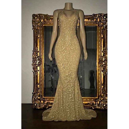 Gorgeous Sequined Mermaid Spaghetti-strap Long Sleevesless Prom Party Gowns