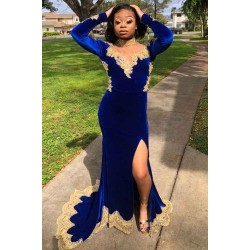 Velvet Long Sleeves Mermaid Front Split Gold Apliques Prom Party Gowns Royal Blue