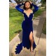 Velvet Long Sleeves Mermaid Front Split Gold Apliques Prom Party Gowns Royal Blue