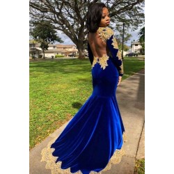 Velvet Long Sleeves Mermaid Front Split Gold Apliques Prom Party Gowns Royal Blue