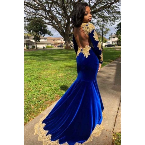 Velvet Long Sleeves Mermaid Front Split Gold Apliques Prom Party Gowns Royal Blue