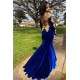 Velvet Long Sleeves Mermaid Front Split Gold Apliques Prom Party Gowns Royal Blue