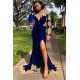 Velvet Long Sleeves Mermaid Front Split Gold Apliques Prom Party Gowns Royal Blue