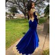 Velvet Long Sleeves Mermaid Front Split Gold Apliques Prom Party Gowns Royal Blue