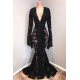 Chic Black Lace V-neck Long Sleevess Mermaid Prom Dresses Sheer Floor Length Evening Gowns